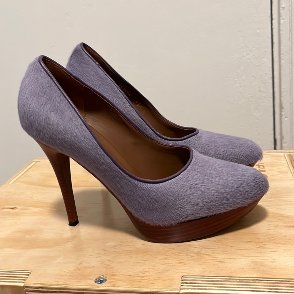 Purple calf hair platform heels. Donald J. Pliner. Size 8.5